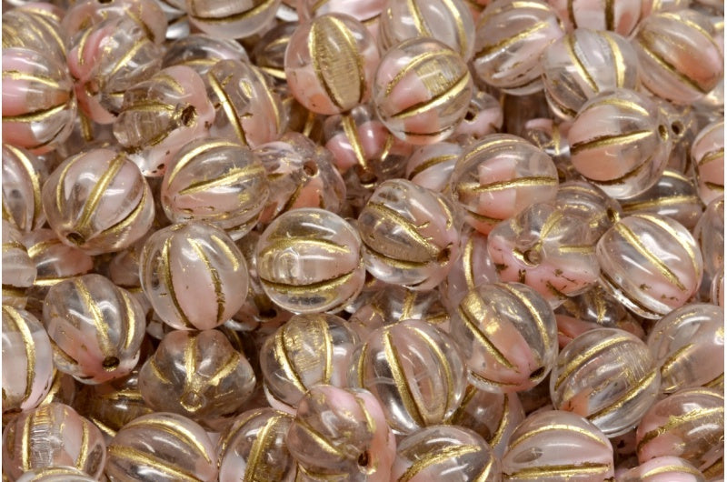 アウトレット 10グラム メロンビーズ、8 x 8 mm、ピンクゴールドライン（R0742-54302）、ガラス、チェコ共和国
