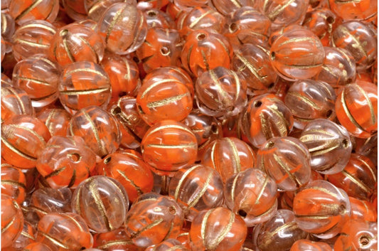 Melon Beads, Orange Gold Lined (R0912-54202), Glass, Czech Republic