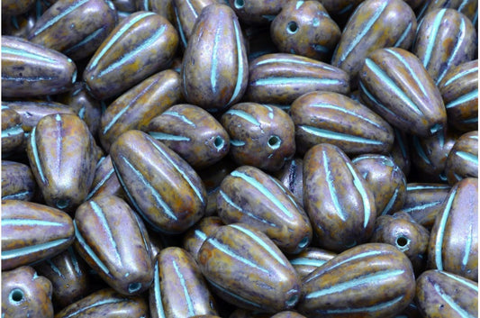 Drop Melon Beads, White Purple Brown Luster Spotted Light Blue Lined (02010-65329-54308), Glass, Czech Republic