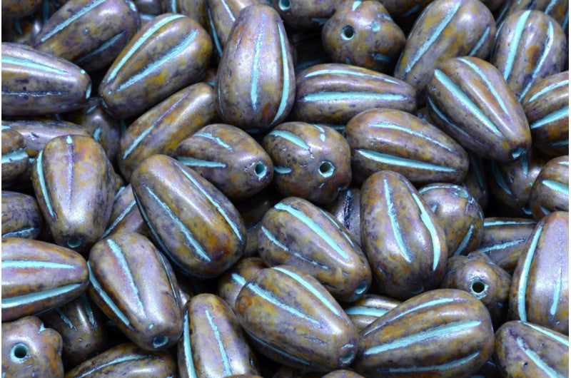 OUTLET 10 grams Drop Melon Beads, 13 x 8 mm, White Purple Brown Luster Spotted Light Blue Lined (02010-65329-54308), Glass, Czech Republic