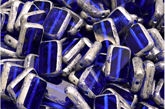 Table Cut Rectangle Beads, Transparent Blue Silver Splash (30080-86790), Glass, Czech Republic