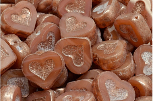 OUTLET 10 克 台面切割心形珠子，14 x 12 毫米，蛋白石粉红铜溅 (71111-86750)，玻璃，捷克共和国