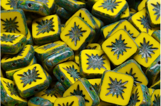 Table Cut Square Kiwi Beads, Yellow Travertin Light Turquoise (83120-86800-34309), Glass, Czech Republic