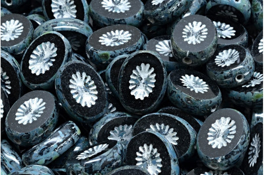 Table Cut Kiwi Beads, Black Travertin Silver Lined (23980-86800-54301), Glass, Czech Republic