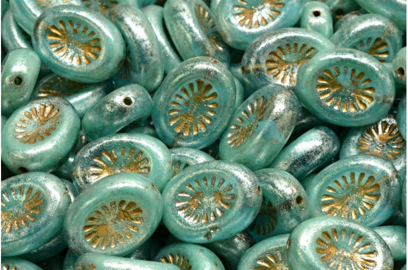 Kiwi beads, Copper Lined Transparent Aqua Gold Lined 34301 (54200-60000-54302-34301), Glass, Czech Republic