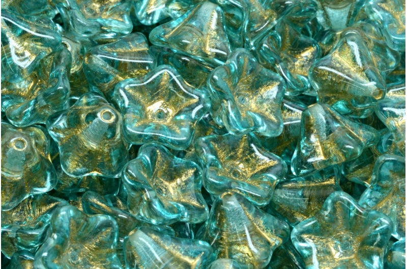 Petunia Flower Beads, Crystal Gold Lined Light Aqua Blue (00030-54302-34308), Glass, Czech Republic