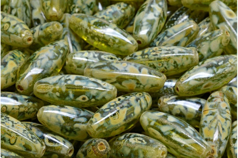 Peeled Olive beads, Transparent Green Travertin (50230-86800), Glass, Czech Republic