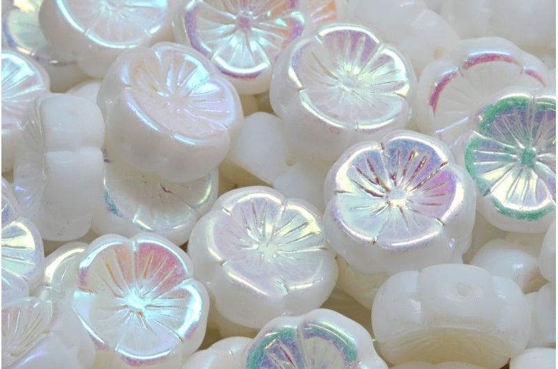 Hawaiian Flower Beads, Chalk White Ab Full (2X Side) (03000-28703), Glass, Czech Republic