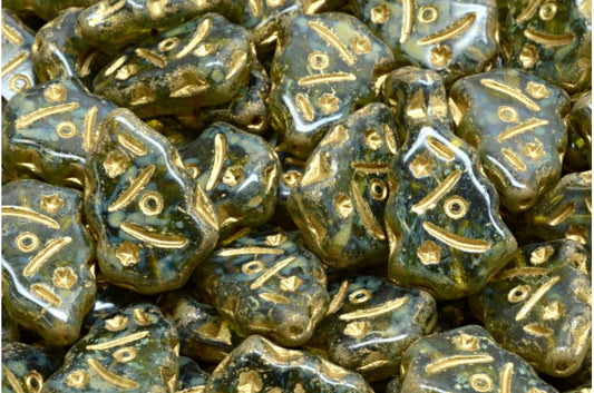 OUTLET 10 grams Christmas Tree Beads, 17 x 12 mm, Transparent Green Travertin Gold Lined (50230-86800-54302), Glass, Czech Republic