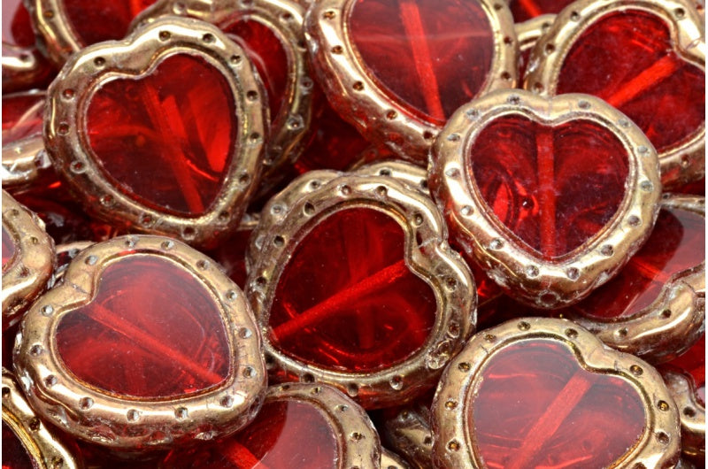 Table Cut Heart In Heart Beads, Ruby Red Bronze (90080-14415), Glass, Czech Republic