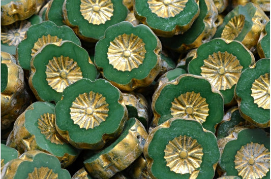 OUTLET 10 grams Table Cut Hawaii Flower Beads, 14 x 14 mm, Opaque Green Gold Splash (53240-86720), Glass, Czech Republic