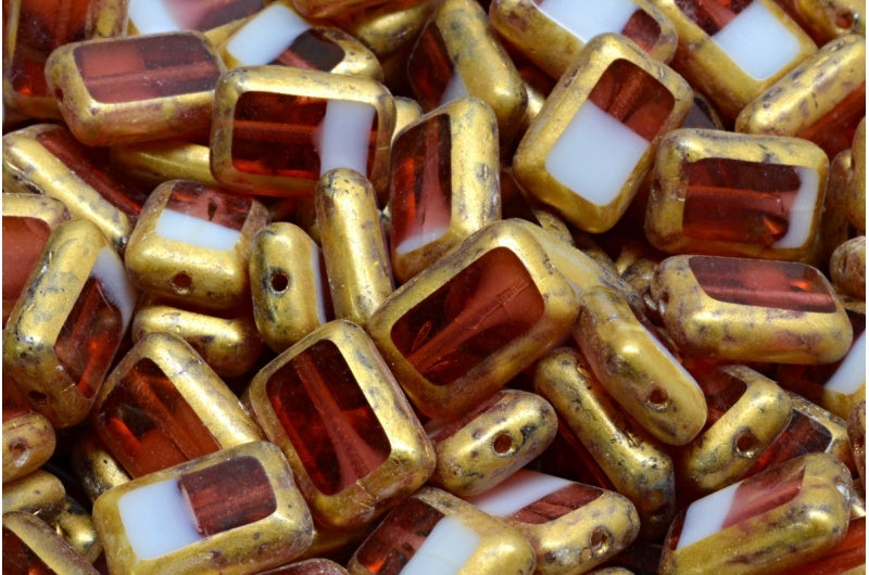 Table Cut Rectangle Beads, Mixed White Red Gold Splash (06708-86720), Glass, Czech Republic