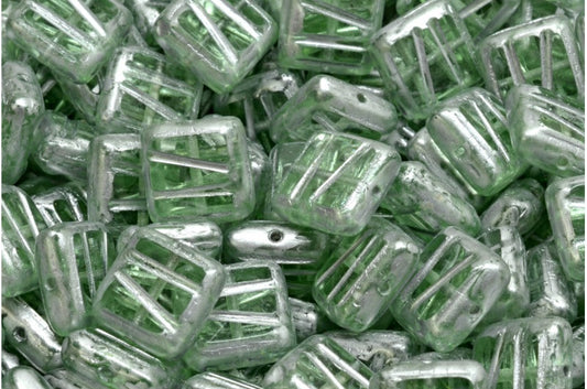 Table Cut Square Designed Beads, Transparent Green Silver Splash (50500-86700), Glass, Czech Republic