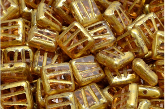Table Cut Square Designed Beads, Transparent Pink Gold Splash (70130-86720), Glass, Czech Republic