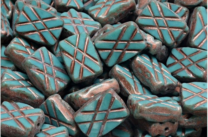 テーブルカットデザインの長方形ビーズ、ターコイズ銅スプラッシュ（63140-86750）、ガラス、チェコ共和国