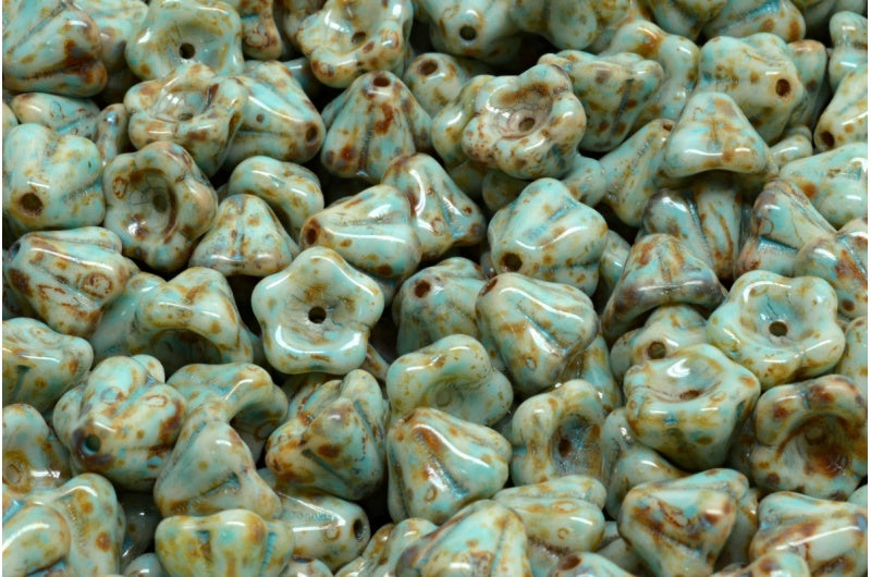 Bell Flower Beads, White Travertin Turqouise Spotted (02010-86800-33309), Glass, Czech Republic