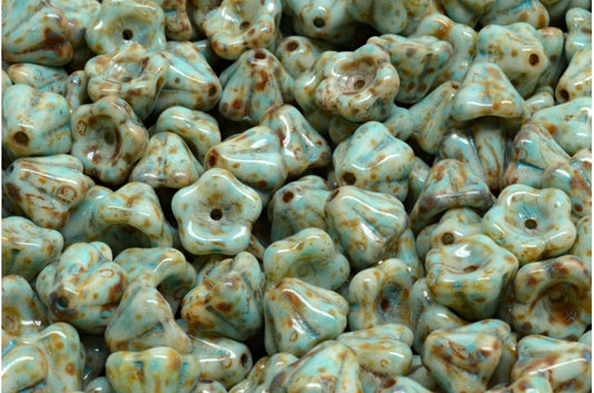 ベルフラワービーズ、ホワイトトラバーチンターコイズスポット（02010-86800-33309）、ガラス、チェコ共和国