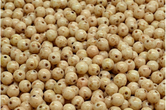 Round Druck Beads, White Travertin Beige Travertin Spotted (02010-86800-33301), Glass, Czech Republic