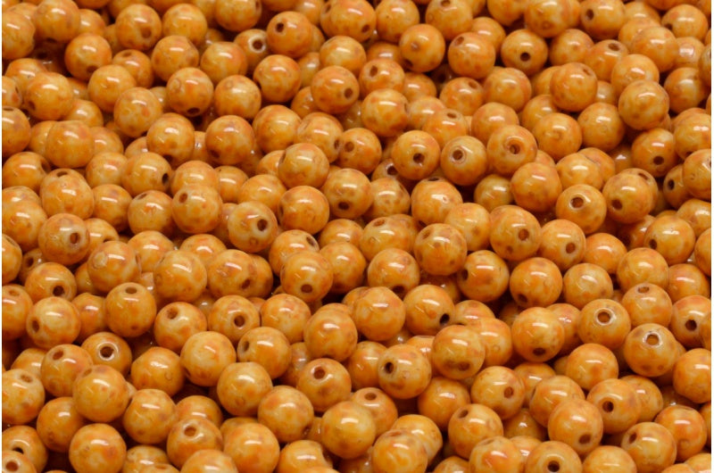 Round Druck Beads, White Travertin Orange Spotted (02010-86800-33302), Glass, Czech Republic