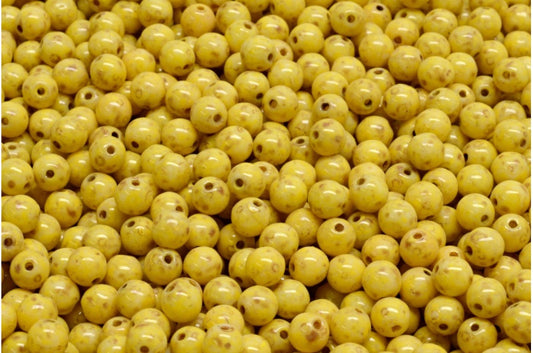 Round Druck Beads, White Travertin Beige Yellow Spotted (02010-86800-33303), Glass, Czech Republic