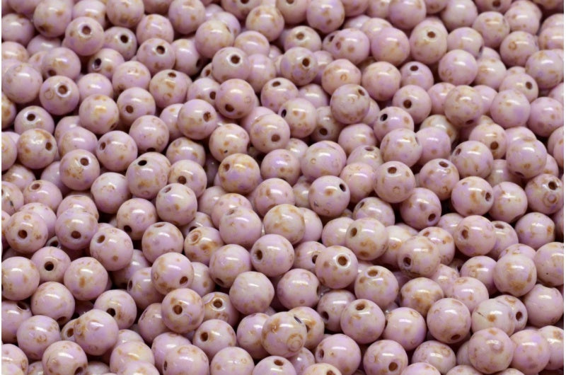 ラウンドドラックビーズ、ホワイトトラバーチンコールドパープルスポット（02010-86800-33305）、ガラス、チェコ共和国
