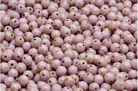 ラウンドドラックビーズ、ホワイトトラバーチンコールドパープルスポット（02010-86800-33305）、ガラス、チェコ共和国