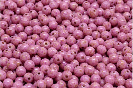 ラウンドドラックビーズ、ホワイトトラバーチンピンクスポット（02010-86800-33306）、ガラス、チェコ共和国