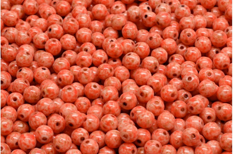 ラウンドドラックビーズ、ホワイトトラバーチンベージュオレンジスポット（02010-86800-33307）、ガラス、チェコ共和国