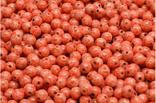 ラウンドドラックビーズ、ホワイトトラバーチンベージュオレンジスポット（02010-86800-33307）、ガラス、チェコ共和国