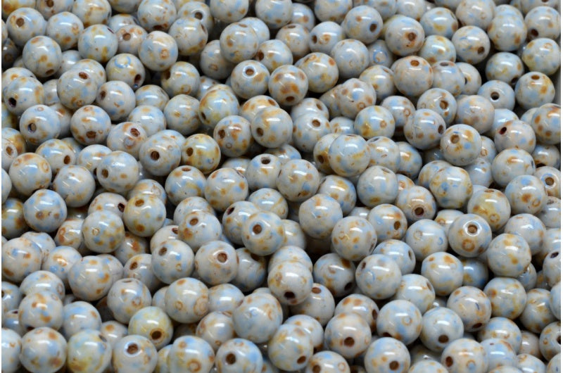 ラウンドドラックビーズ、ホワイトトラバーチンブルースポット（02010-86800-33308）、ガラス、チェコ共和国