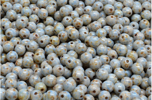 ラウンドドラックビーズ、ホワイトトラバーチンブルースポット（02010-86800-33308）、ガラス、チェコ共和国