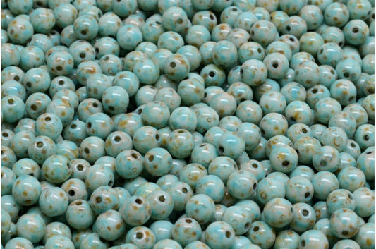 Round Druck Beads, White Travertin Turqouise Spotted (02010-86800-33309), Glass, Czech Republic