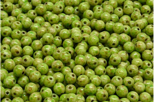 Round Druck Beads, White Travertin Green Spotted (02010-86800-33311), Glass, Czech Republic