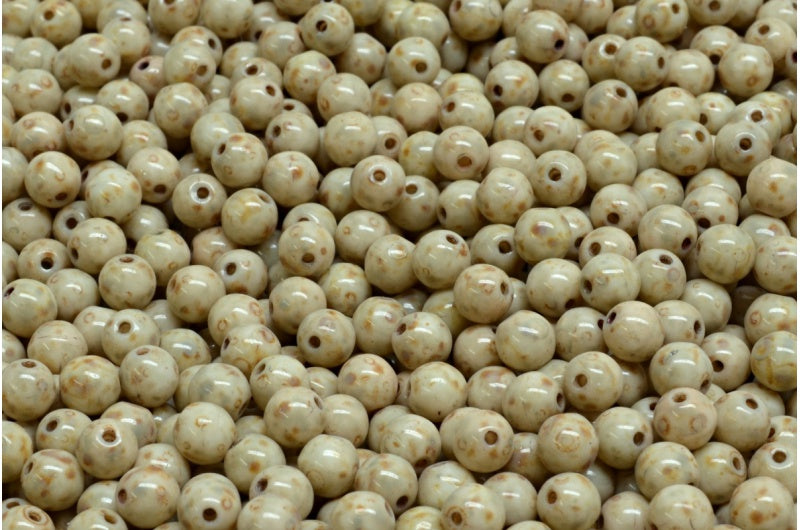 Round Druck Beads, White Travertin Beige Spotted (02010-86800-33312), Glass, Czech Republic