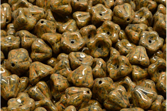 Bell Flower Beads, Black Travertin Orange Spotted (23980-86800-33302), Glass, Czech Republic