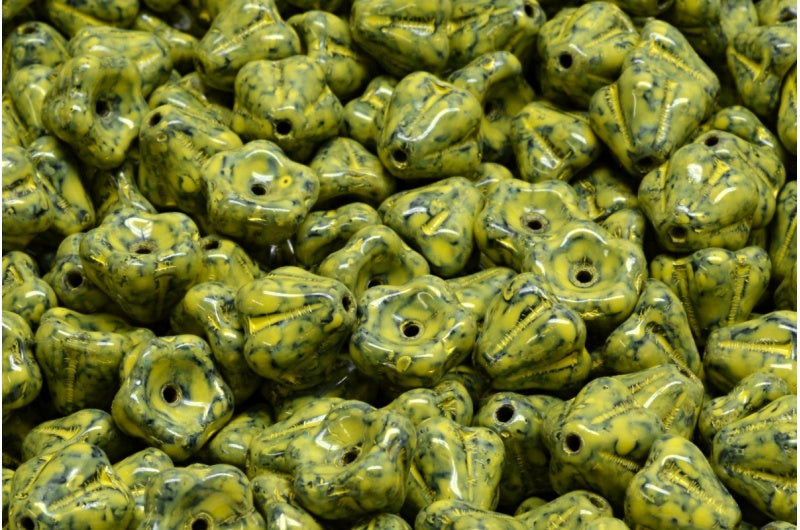 Bell Flower Beads, Black Travertin Beige Yellow Spotted (23980-86800-33303), Glass, Czech Republic