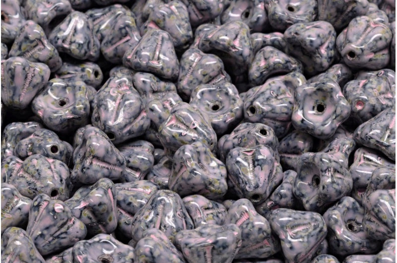 铃花珠，黑色石灰华暖紫色斑点（23980-86800-33304），玻璃，捷克共和国