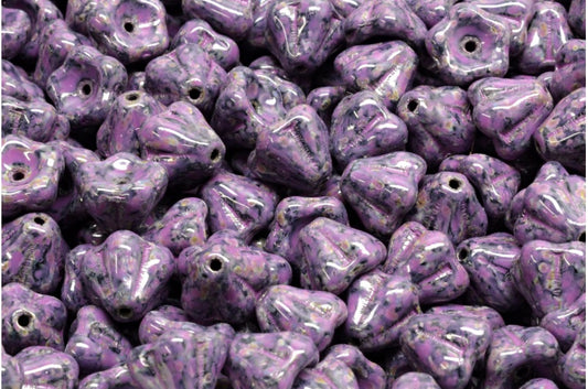 Bell Flower Beads, Black Travertin Pink Spotted (23980-86800-33306), Glass, Czech Republic