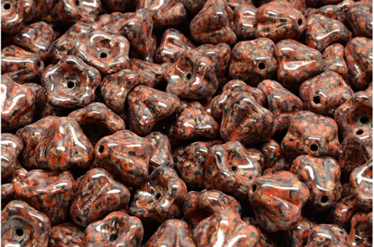 Bell Flower Beads, Black Travertin Beige Orange Spotted (23980-86800-33307), Glass, Czech Republic