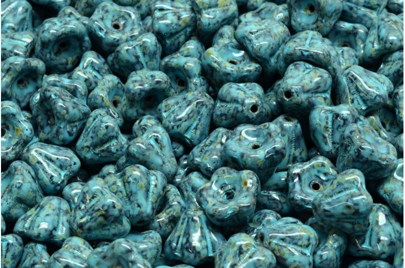 Bell Flower Beads, Black Travertin Turqouise Spotted (23980-86800-33309), Glass, Czech Republic