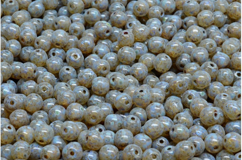 Round Druck Beads, Crystal Travertin Blue Spotted (00030-86800-33308), Glass, Czech Republic