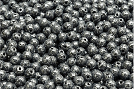 OUTLET 10 grams Round Druck Beads, 4 x 4 mm, Black Silver Gray (23980-34301), Glass, Czech Republic