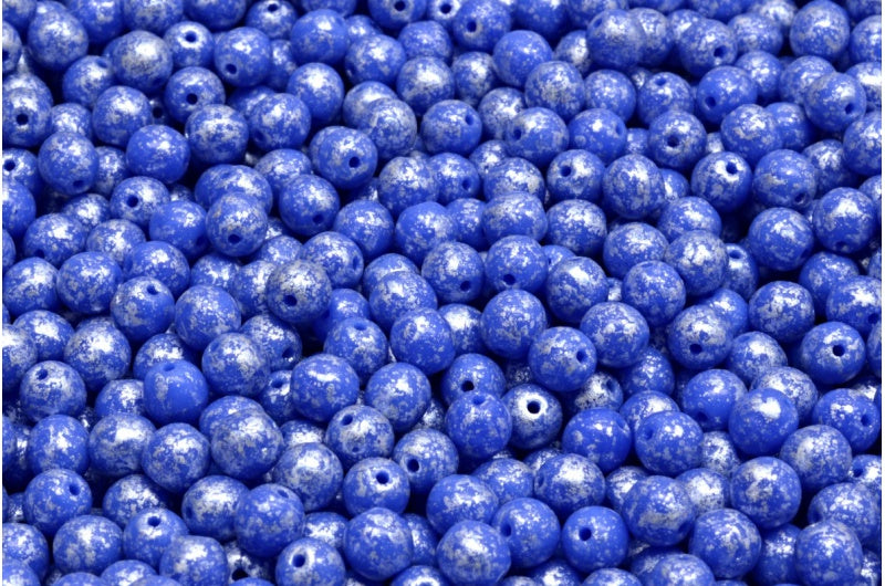 Round Druck Beads, Opaque Blue Silver Splash (33050-94400), Glass, Czech Republic