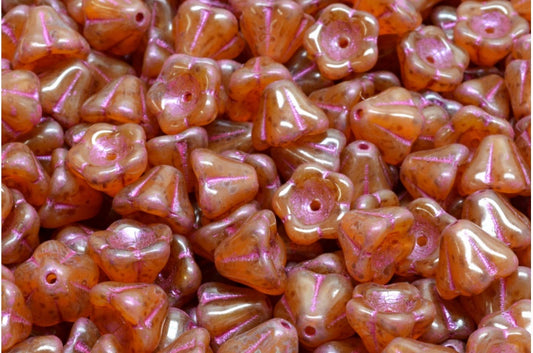 Bell Flower Beads, Opal Pink Travertin Pink Lined (71010-86800-43807), Glass, Czech Republic