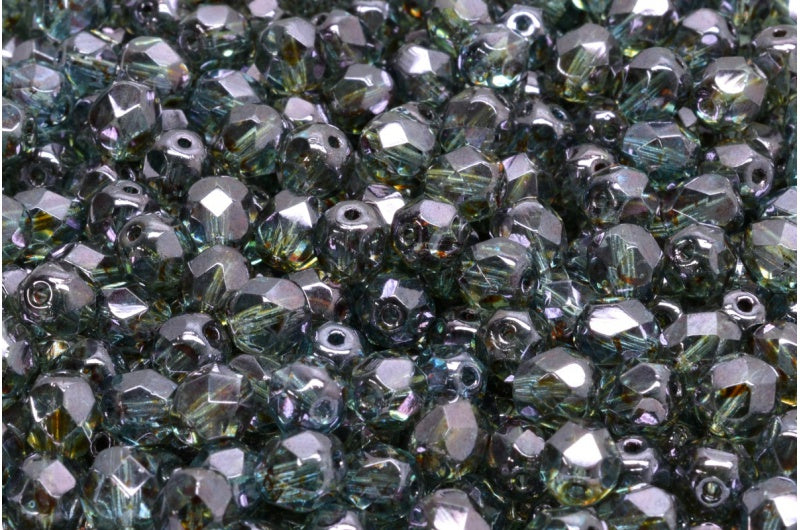 Faceted Round Fire Polished Beads, Crystal Stain With Luster Blue (00030-65431), Glass, Czech Republic