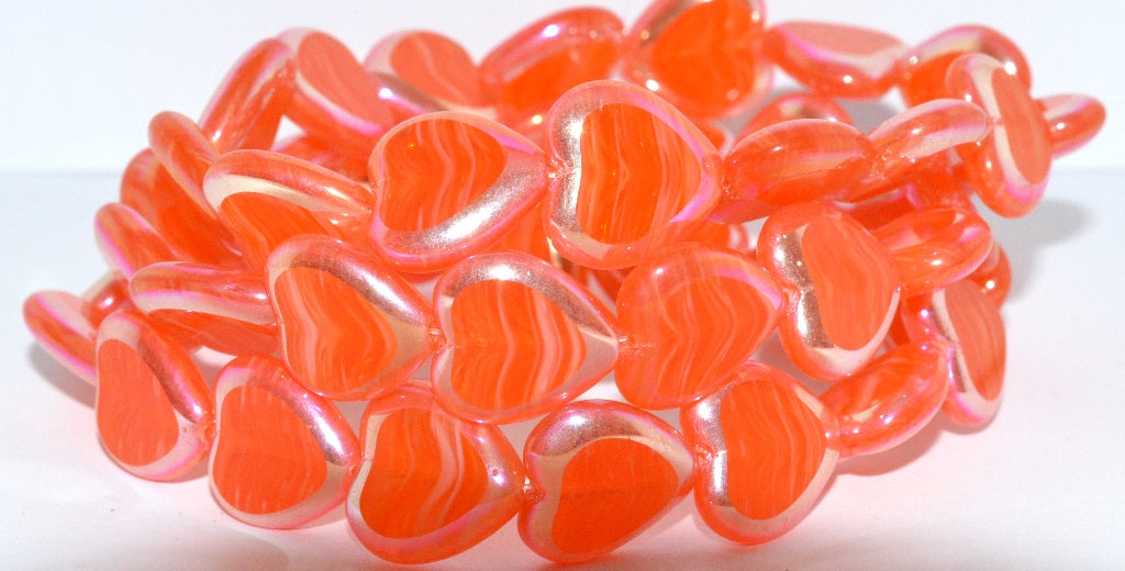 Table Cut Heart Beads, Orange Opal Ab 2X (ORANGE-OPAL-AB-2X), Glass, Czech Republic ~ STRANDED