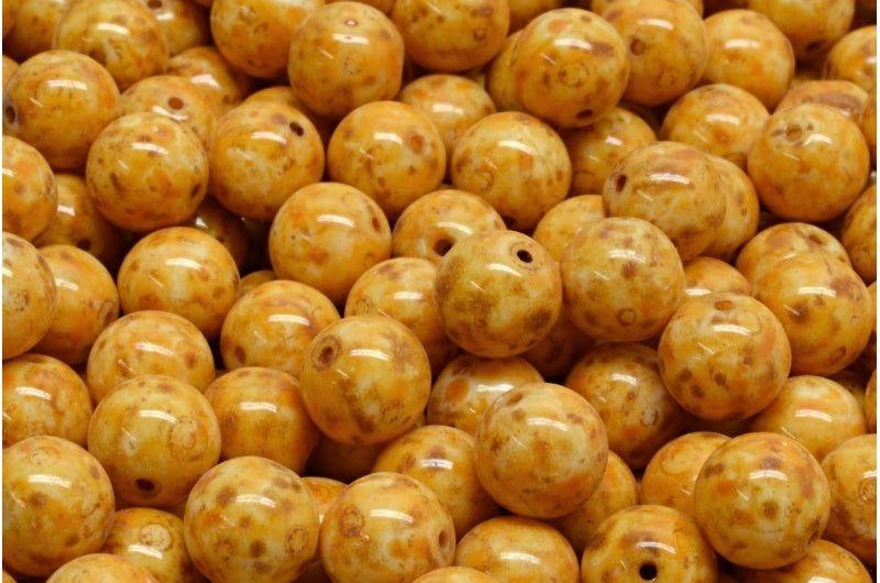 Round Druck Beads, White Travertin Orange Spotted (02010-86800-33302), Glass, Czech Republic
