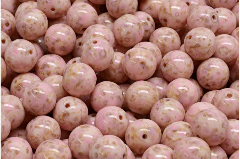 Round Druck Beads, White Travertin Warm Purple Spotted (02010-86800-33304), Glass, Czech Republic