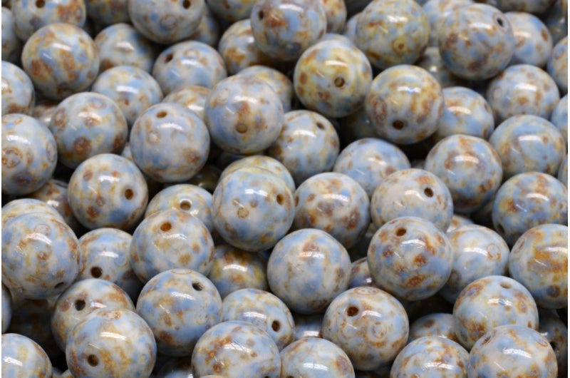 ラウンドドラックビーズ、ホワイトトラバーチンブルースポット（02010-86800-33308）、ガラス、チェコ共和国