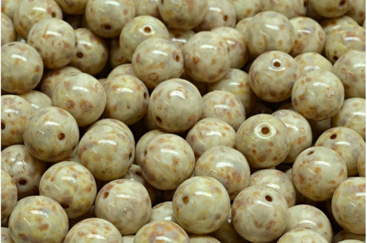 OUTLET 10 grams Round Druck Beads, 8 x 8 mm, White Travertin Beige Spotted (02010-86800-33312), Glass, Czech Republic